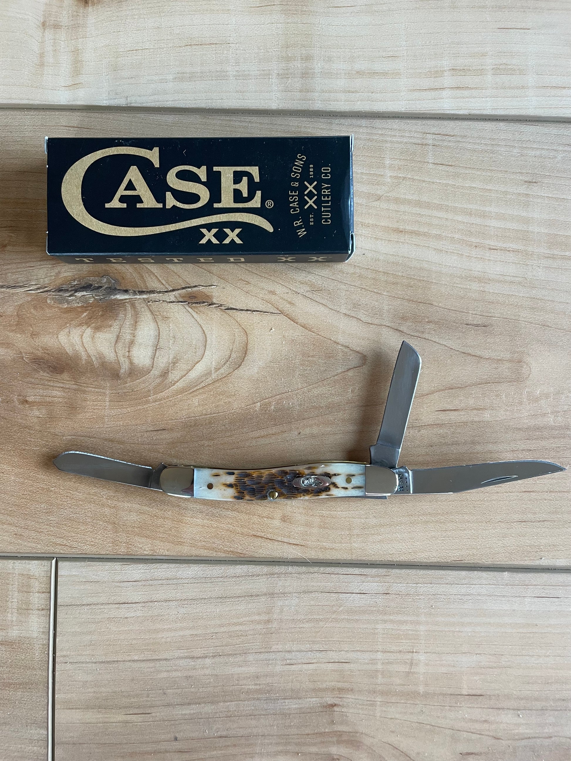A stainless steel hunting knife with a bone handle and nickel silver bolster, displayed in front of its box labeled 'CASE'.